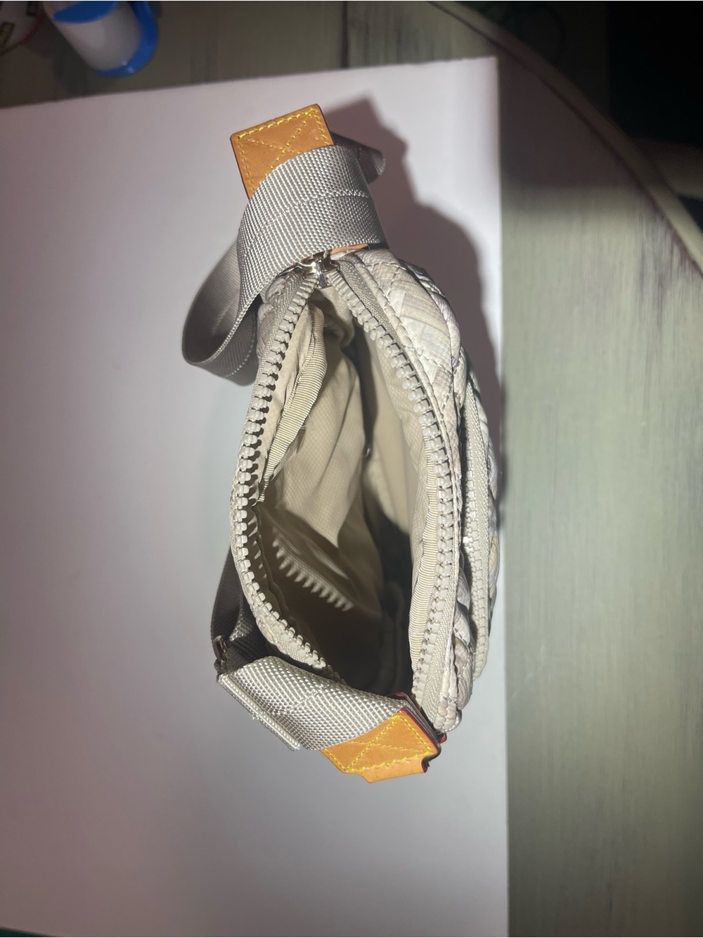 MZ Wallace Quilted Crossbody in Beige Taupe with Brown Trim - Picture 6 of 12